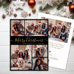 Elegantes Schwarzes Gold 5 Foto Collage Weihnachte Feiertagskarte<br><div class="desc">Moderne Elegante Kalligrafie Schwarz und Gold 5 Foto Collage Frohe Weihnachts Script Holiday Card. Dieses festliche, einfache minimalistische whimsical fünf (5) Foto Feiertage Grußkarte Vorlage verfügt über eine hübsche Gitter Foto Collage und sagt "Frohe Weihnachten"! Der "Frohe Weihnachten"-Grußtext ist in einer schönen Hand geschrieben, Wirble Swash-Schwanz-Schriftart-Skript in Gold auf schwarzem...</div>