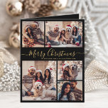 Elegantes Schwarzes Gold 5 Foto Collage Weihnachte Feiertagskarte<br><div class="desc">Elegante Kalligrafie Moderne einfache Schwarz-Gold 5 Foto Collage Frohe Weihnachts-Script-Urlaubskarte. Dieses festliche, minimalistische, skurrile 5 (5) Foto Feiertagskarte Template verfügt über eine hübsche Gitter Foto Collage und sagt "Frohe Weihnachten"! Der "Frohe Weihnachten"-Grußtext ist in einer schönen Hand geschrieben, Wirble Swash-Schwanz Schriftart Typografie Skript in Gold auf schwarzem Hintergrund. Auf der...</div>