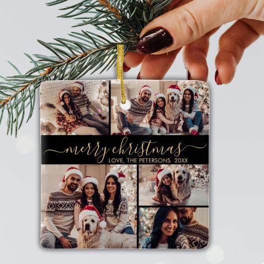 Elegantes Schwarzes Gold 5 Foto Collage Weihnachte Keramikornament