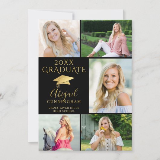 Elegantes Schwarzes Gold 6 Foto Collage Graduate Ankündigung (Vorderseite)