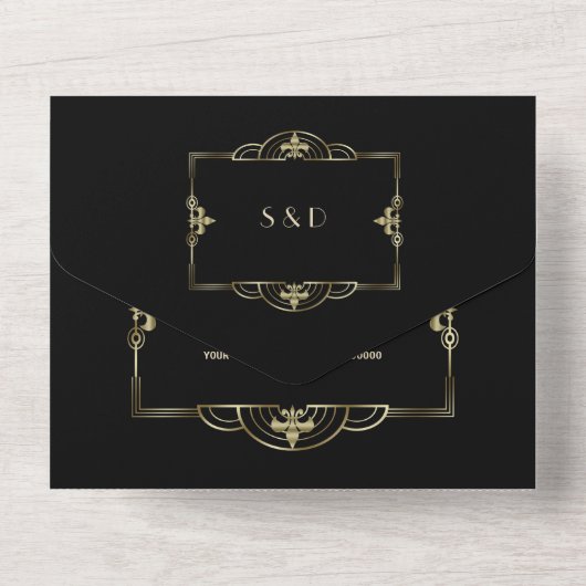 Elegantes Schwarzes Gold All In One Einladung (Rückseite)