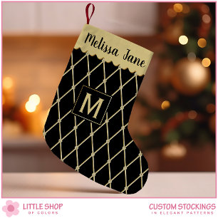 Elegantes schwarzes Gold-Diamant-Muster-Monogramm Kleiner Weihnachtsstrumpf