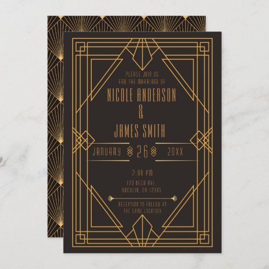 Elegantes Schwarzes Gold Einladung (Vorne/Hinten)