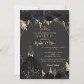 Elegantes Schwarzes Gold, florale Prinzessin SWEET Einladung (Vorderseite)