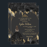 Elegantes Schwarzes Gold, florale Prinzessin SWEET Einladung<br><div class="desc">Elegantes Schwarzes Gold Blumendruckerin SWEET 16 Einladung</div>