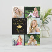Elegantes Schwarzes Gold Foto Collage Graduate Einladung (Stehend Vorderseite)
