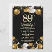 Elegantes schwarzes Gold-Glitter 89. Geburtstag  Einladung (Vorderseite)