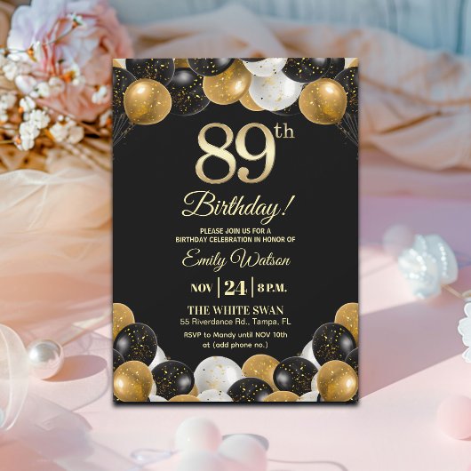 Elegantes schwarzes Gold-Glitter 89. Geburtstag  Einladung