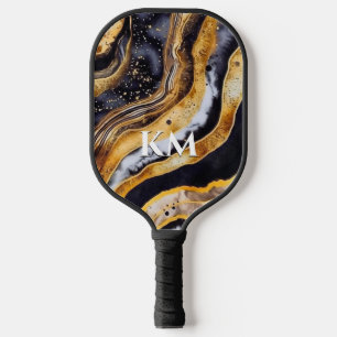 Elegantes Schwarzes Gold, gürtelig Marmor Art Mono Pickleball Schläger