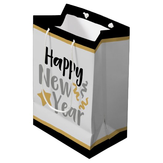 elegantes schwarzes Gold Happy New Year Word Art P Mittlere Geschenktüte (Vorderseite Schrägansicht)