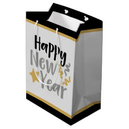 elegantes schwarzes Gold Happy New Year Word Art P Mittlere Geschenktüte