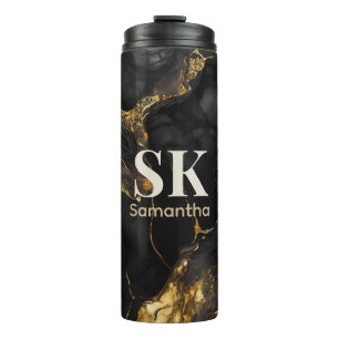 Elegantes Schwarzes Gold Imitat Glitzer Marmor Mon Thermosbecher