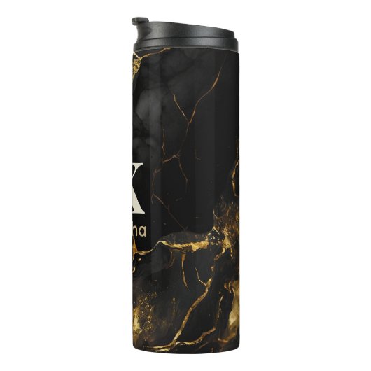 Elegantes Schwarzes Gold Imitat Glitzer Marmor Mon Thermosbecher (Nach rechts gedreht)