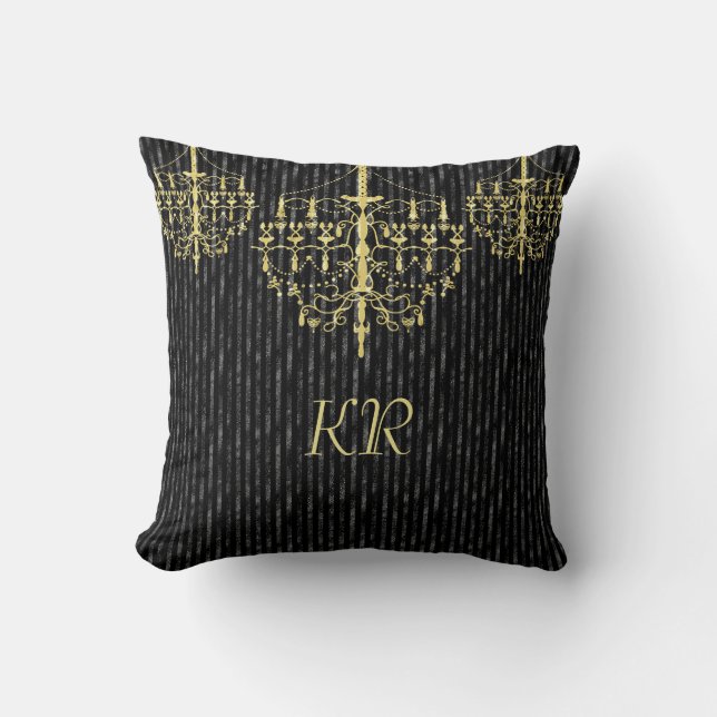 Elegantes Schwarzes Gold Kronier Monogramm Kissen (Vorderseite)
