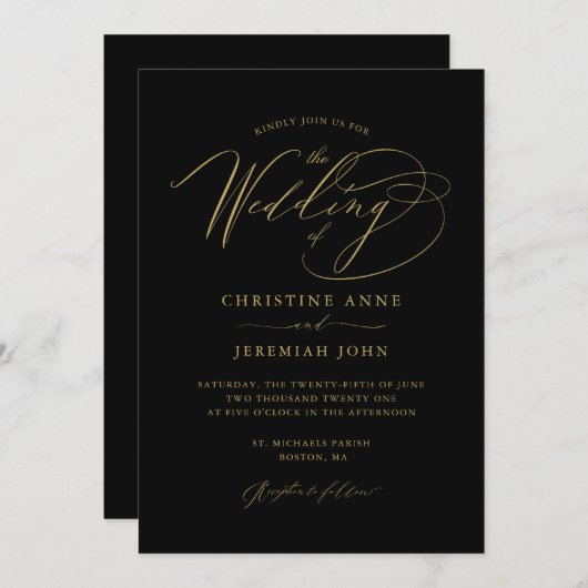 Elegantes Schwarzes Gold Modernes Skript Einladung (Vorne/Hinten)
