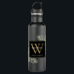 Elegantes Schwarzes Gold Monogram Edelstahlflasche<br><div class="desc">Elegante Aquarell-Blätter in Monogramm Wasserflasche mit einem goldenen Monogramm-Initial auf einem schicken schwarzen Hintergrund. Entwickelt von Thisisnotme©</div>