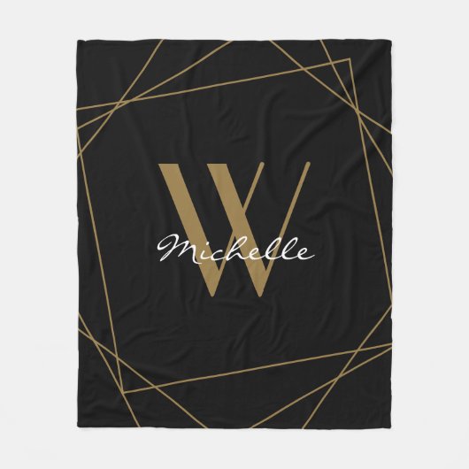 Elegantes Schwarzes Gold Monogram Name Script geom Fleecedecke (Vorderseite)
