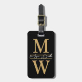 Elegantes schwarzes Gold-Monogramm Name Gepäckanhänger (Vorderseite vertikal)
