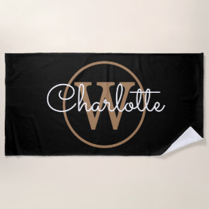 Elegantes schwarzes Gold-Monogramm-Skript Strandtuch