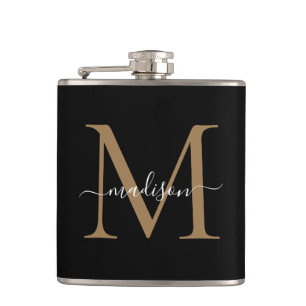 Elegantes schwarzes Gold-Monogramm stilvolles Skri Flachmann