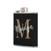 Elegantes schwarzes Gold-Monogramm stilvolles Skri Flachmann (Links)