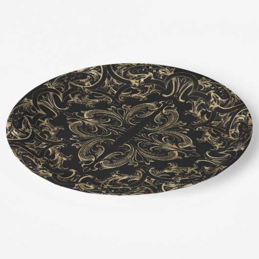Elegantes Schwarzes Gold Pappteller (Schrägansicht)