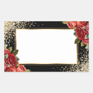 Elegantes schwarzes gold-rotes Rosen-Blumen-Namens Rechteckiger Aufkleber