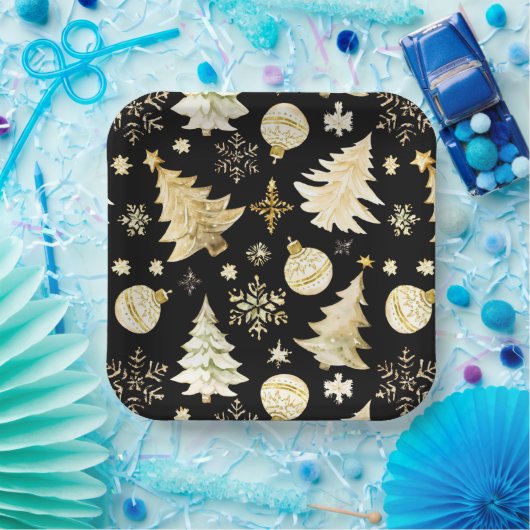 Elegantes Schwarzes Gold Schneeflocken Pappteller (Party)