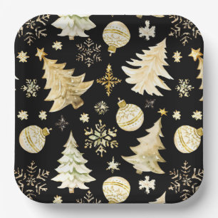 Elegantes Schwarzes Gold Schneeflocken Pappteller