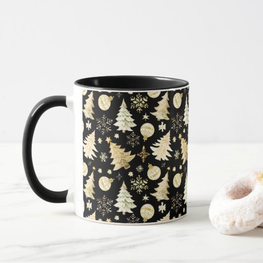 Elegantes Schwarzes Gold Schneeflocken Tasse (Mit Donut)