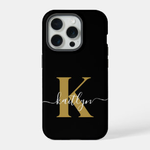 Elegantes schwarzes Gold-Schriftmonogramm iPhone 15 Pro Hülle
