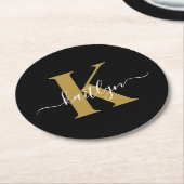 Elegantes schwarzes Gold-Schriftmonogramm Runder Pappuntersetzer (Angewinkelt)