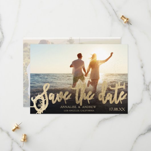Elegantes schwarzes Gold-Script 2 Fotos Save the D Date (Vorderseite/Rückseite Beispiel)