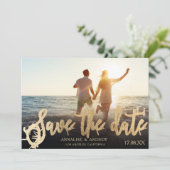 Elegantes schwarzes Gold-Script 2 Fotos Save the D Save The Date (Stehend Vorderseite)