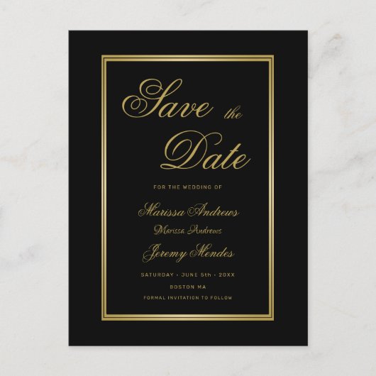Elegantes Schwarzes Gold-Script-Hochzeit speichern Ankündigungspostkarte (Vorderseite)