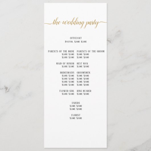 Elegantes Schwarzes Gold Script Minimal Hochzeitsf Programm (Rückseite)