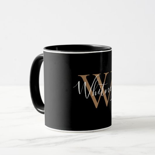 Elegantes Schwarzes Gold-Script-Name Monogram Tasse (Vorderseite Links)