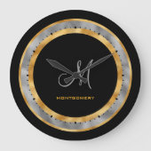Elegantes Schwarzes Gold Silberfolie Custom Monogr Große Wanduhr (Vorderseite)