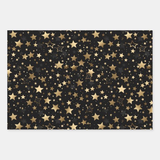 Elegantes Schwarzes Gold-Sternmuster-Party Geschenkpapier Set (Vorderseite 3)