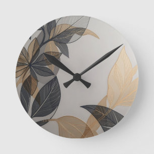 Elegantes schwarzes Gold stilisiertes Blatt Botani Runde Wanduhr