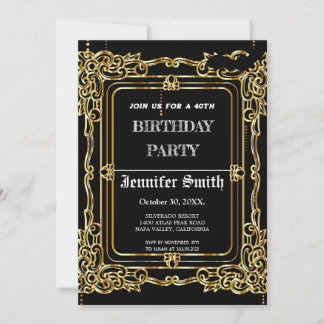 Elegantes schwarzes Gold Vintag 40. Geburtstag Einladung