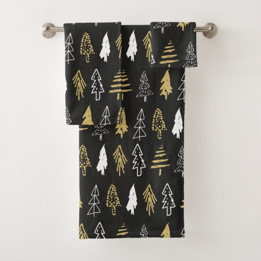 Elegantes Schwarzes Gold Weihnachtsbaum Muster Badhandtuch Set (Insitu)