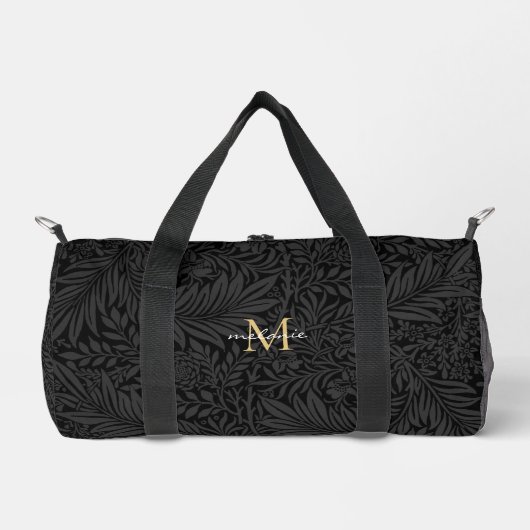 Elegantes schwarzes goldenes florales Schriftmonog Duffle Bag (Vorderseite)