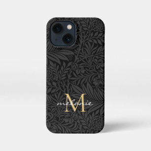 Elegantes schwarzes goldenes florales Schriftmonog iPhone 13 Mini Hülle