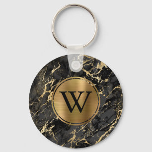 Elegantes schwarzes Goldmarmor-Monogramm Schlüsselanhänger