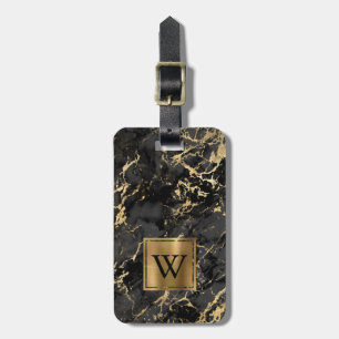 Elegantes schwarzes Goldmarmor-Monogramm vertikal Gepäckanhänger