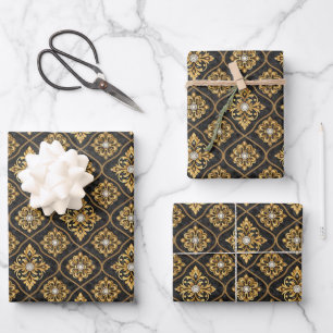 Elegantes schwarzes Goldmuster mit Fliesen  Geschenkpapier Set