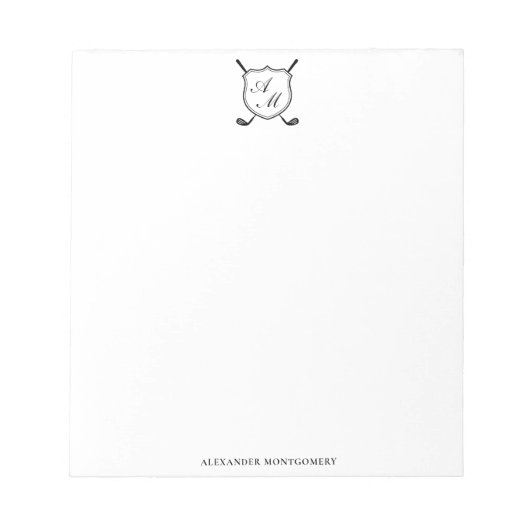Elegantes schwarzes Golf-Monogramm-Wappen Notizblock (Vorderseite)