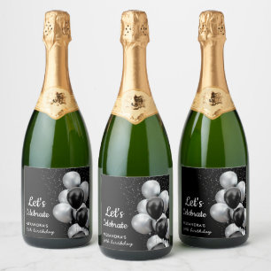 Elegantes Schwarzes Graues Ballon Chic Geburtstags Schaumweinetikett