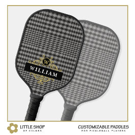 Elegantes Schwarzes Graues Kariertes Goldmonogramm Pickleball Schläger